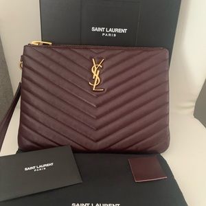 Authentic Saint Laurent Matelasse Chevron Wristlet Bordeaux